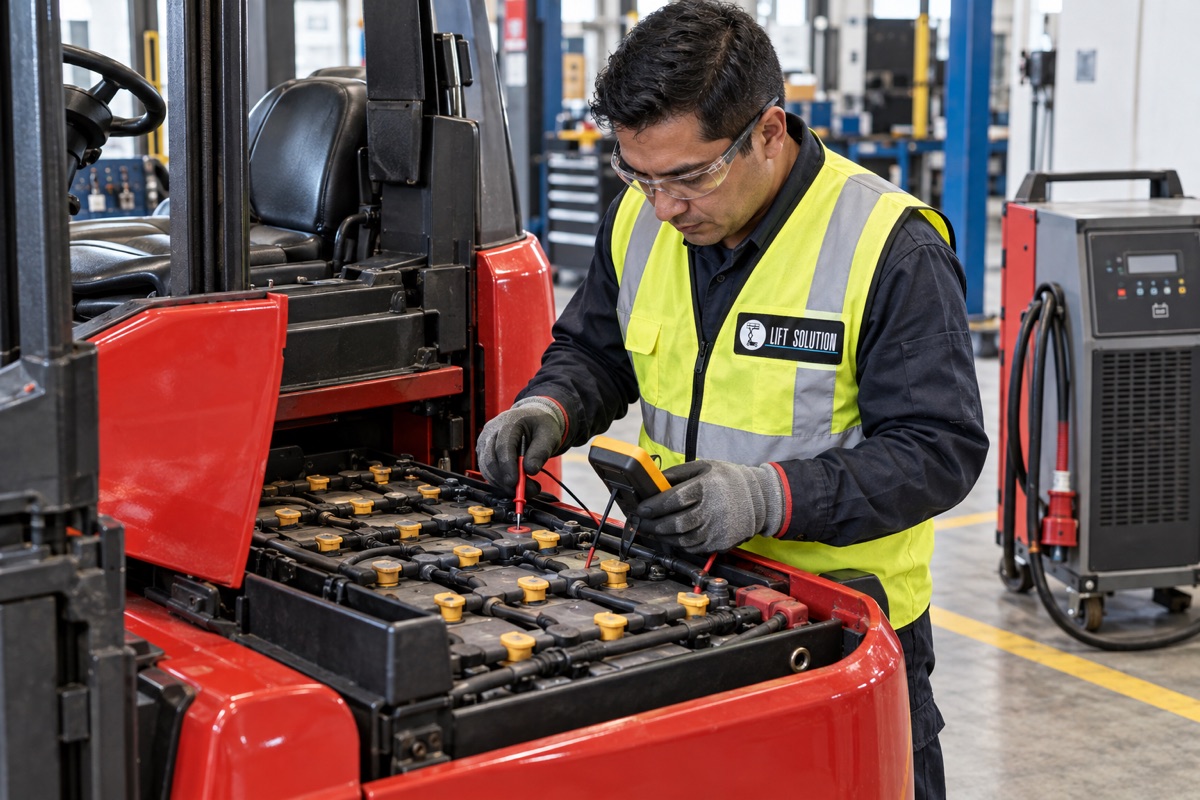 Técnico de Lift Solution verificando las baterías y conexiones de un montacargas eléctrico