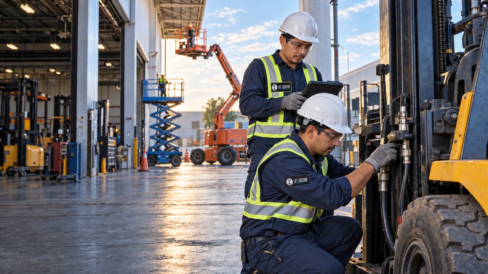 Montacargas y trabajadores en una instalación industrial