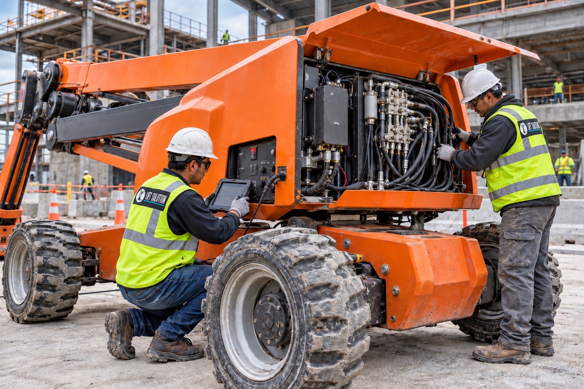 Técnicos con chalecos de Lift Solution revisando una plataforma articulada