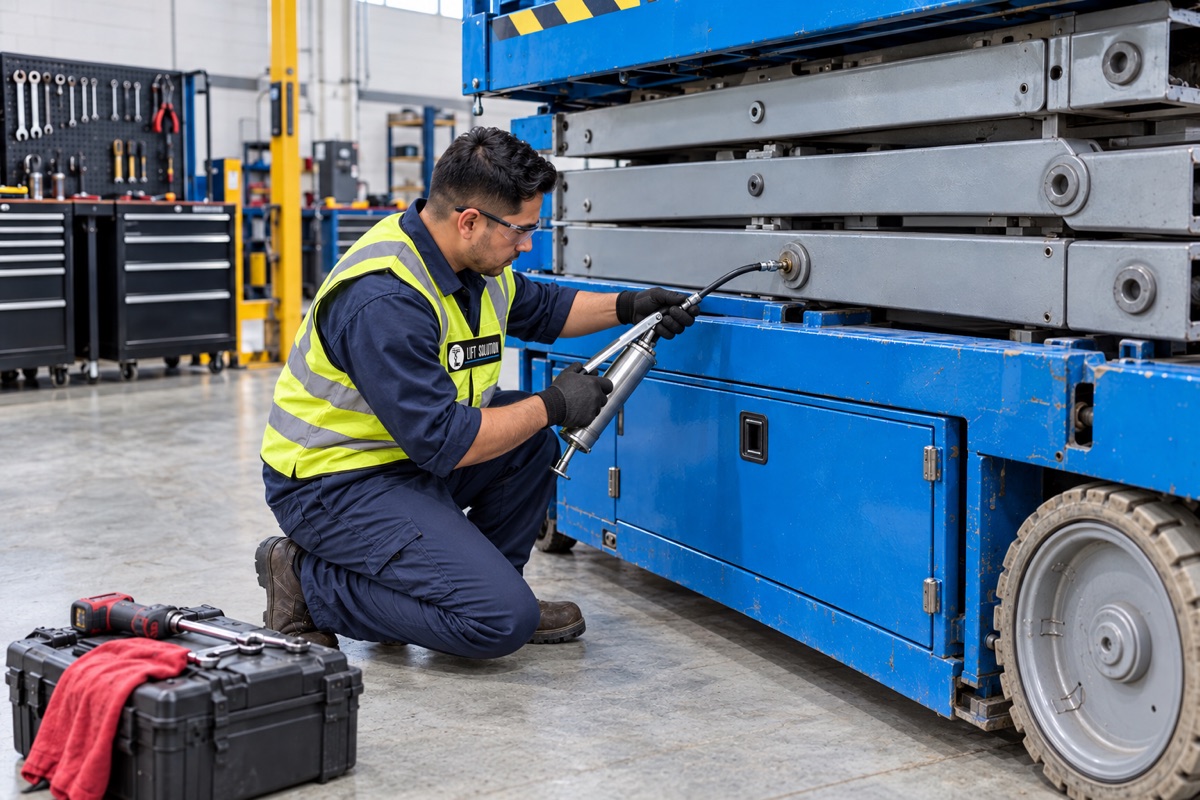 Técnico de Lift Solution lubricando una plataforma de tijera durante su mantenimiento preventivo